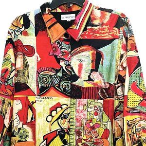 Picasso Cubism Modern Art VTG 80s Linen Jacket Kaktus Wearable Art Shacket Sz M